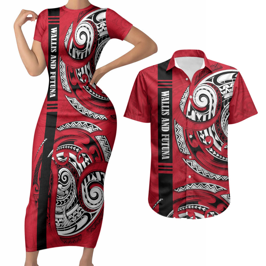 Wallis And Futuna Couples Matching Short Sleeve Bodycon Dress and Hawaiian Shirt Tribal Polynesian Tattoo Flag Motif