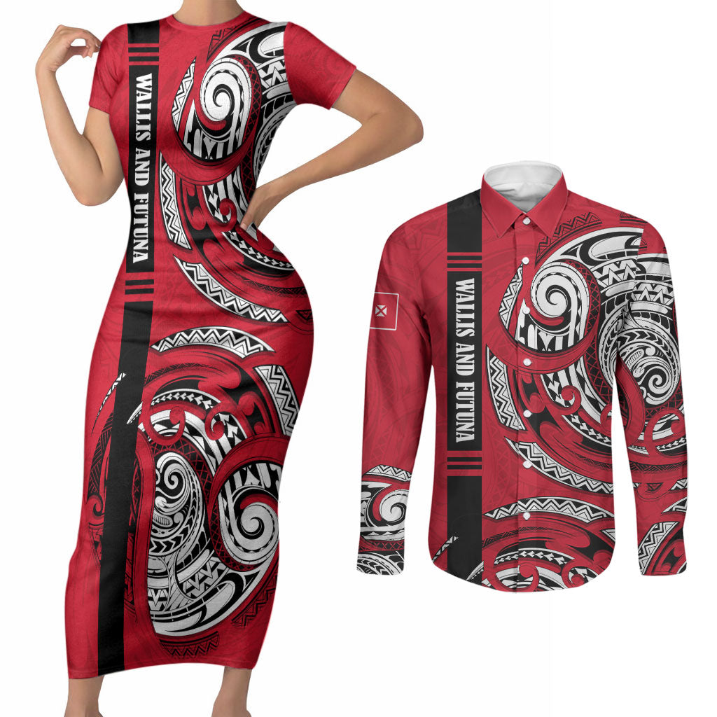 Wallis And Futuna Couples Matching Short Sleeve Bodycon Dress and Long Sleeve Button Shirt Tribal Polynesian Tattoo Flag Motif