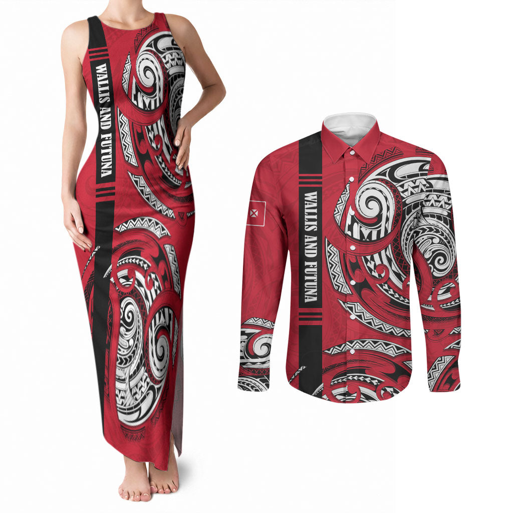Wallis And Futuna Couples Matching Tank Maxi Dress and Long Sleeve Button Shirt Tribal Polynesian Tattoo Flag Motif