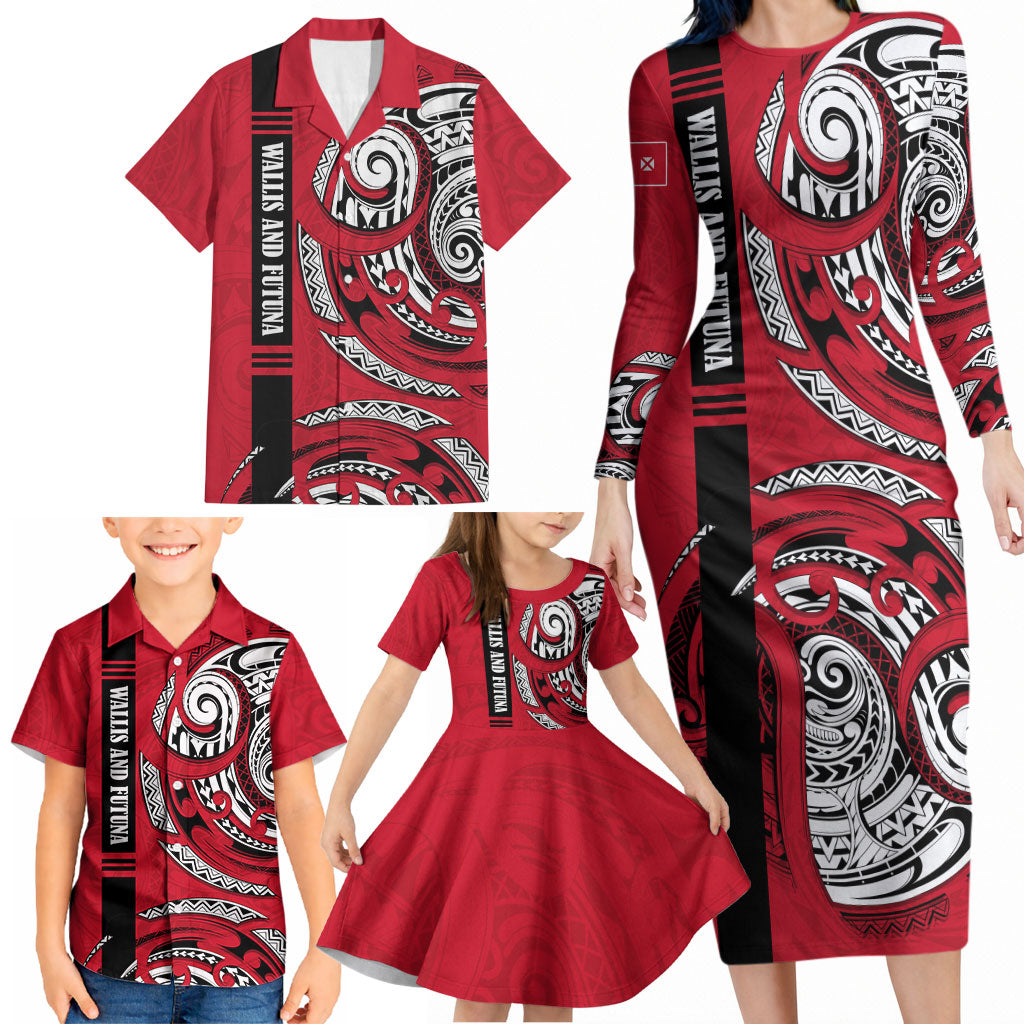 Wallis And Futuna Family Matching Long Sleeve Bodycon Dress and Hawaiian Shirt Tribal Polynesian Tattoo Flag Motif TS04 - Polynesian Pride