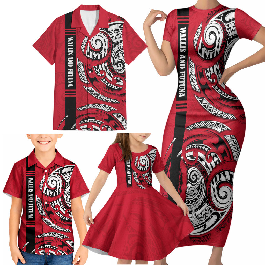 Wallis And Futuna Family Matching Short Sleeve Bodycon Dress and Hawaiian Shirt Tribal Polynesian Tattoo Flag Motif