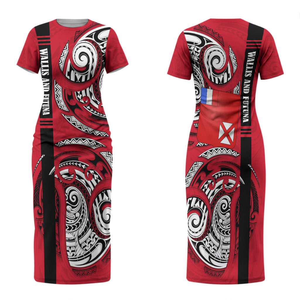 Wallis And Futuna Family Matching Short Sleeve Bodycon Dress and Hawaiian Shirt Tribal Polynesian Tattoo Flag Motif