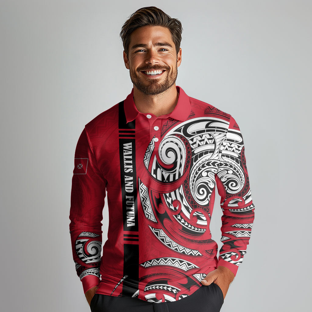 Wallis And Futuna Long Sleeve Polo Shirt Tribal Polynesian Tattoo Flag Motif