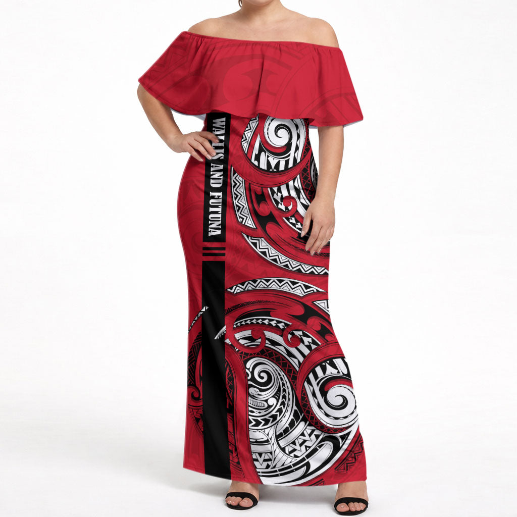 Wallis And Futuna Off Shoulder Maxi Dress Tribal Polynesian Tattoo Flag Motif
