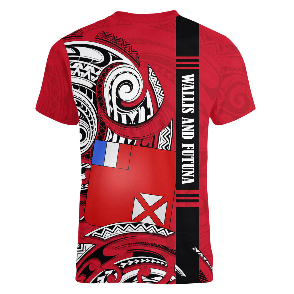 Wallis And Futuna Women V-Neck T-Shirt Tribal Polynesian Tattoo Flag Motif