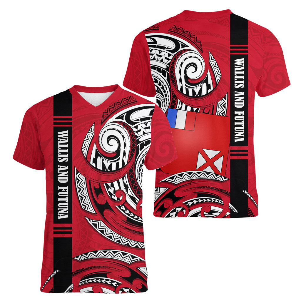 Wallis And Futuna Women V-Neck T-Shirt Tribal Polynesian Tattoo Flag Motif