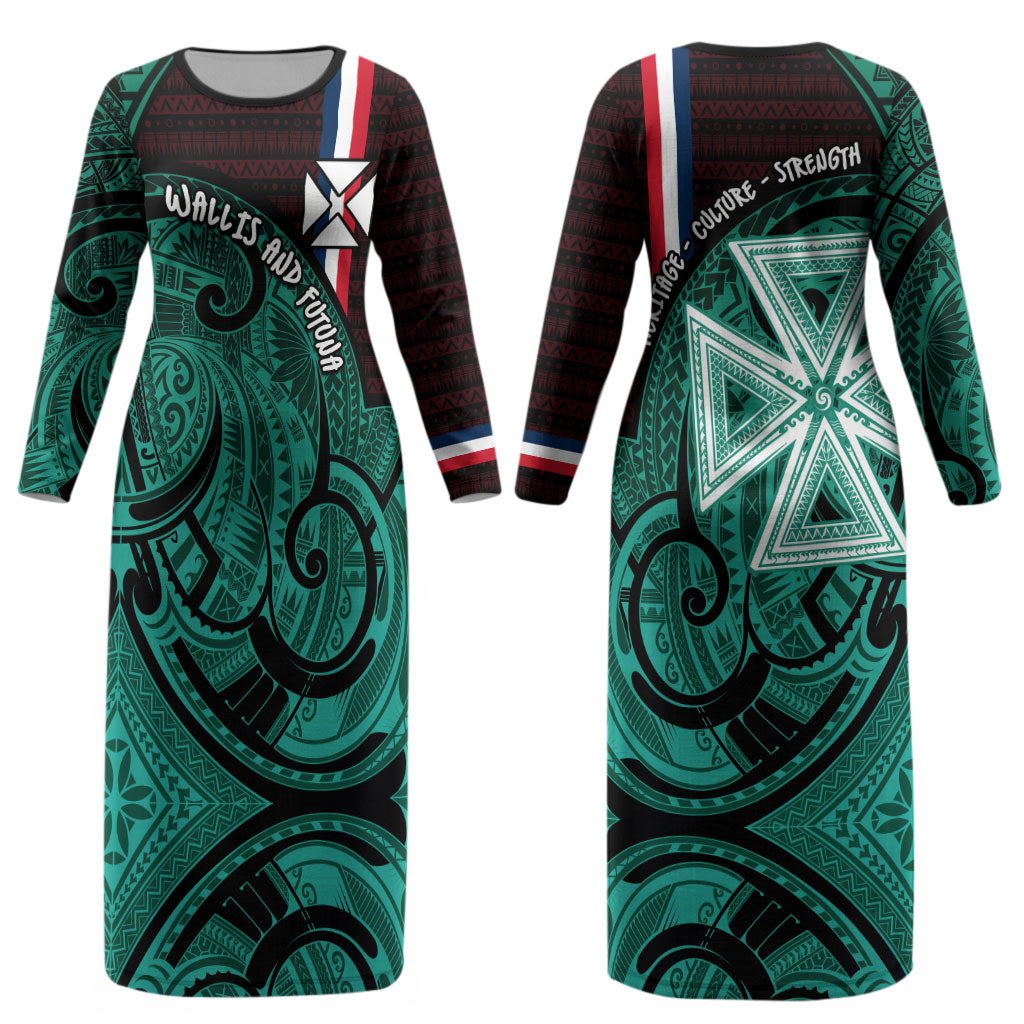 Wallis And Futuna Couples Matching Long Sleeve Bodycon Dress and Hawaiian Shirt Tribal Polynesian Tattoo Heritage Cross Flag