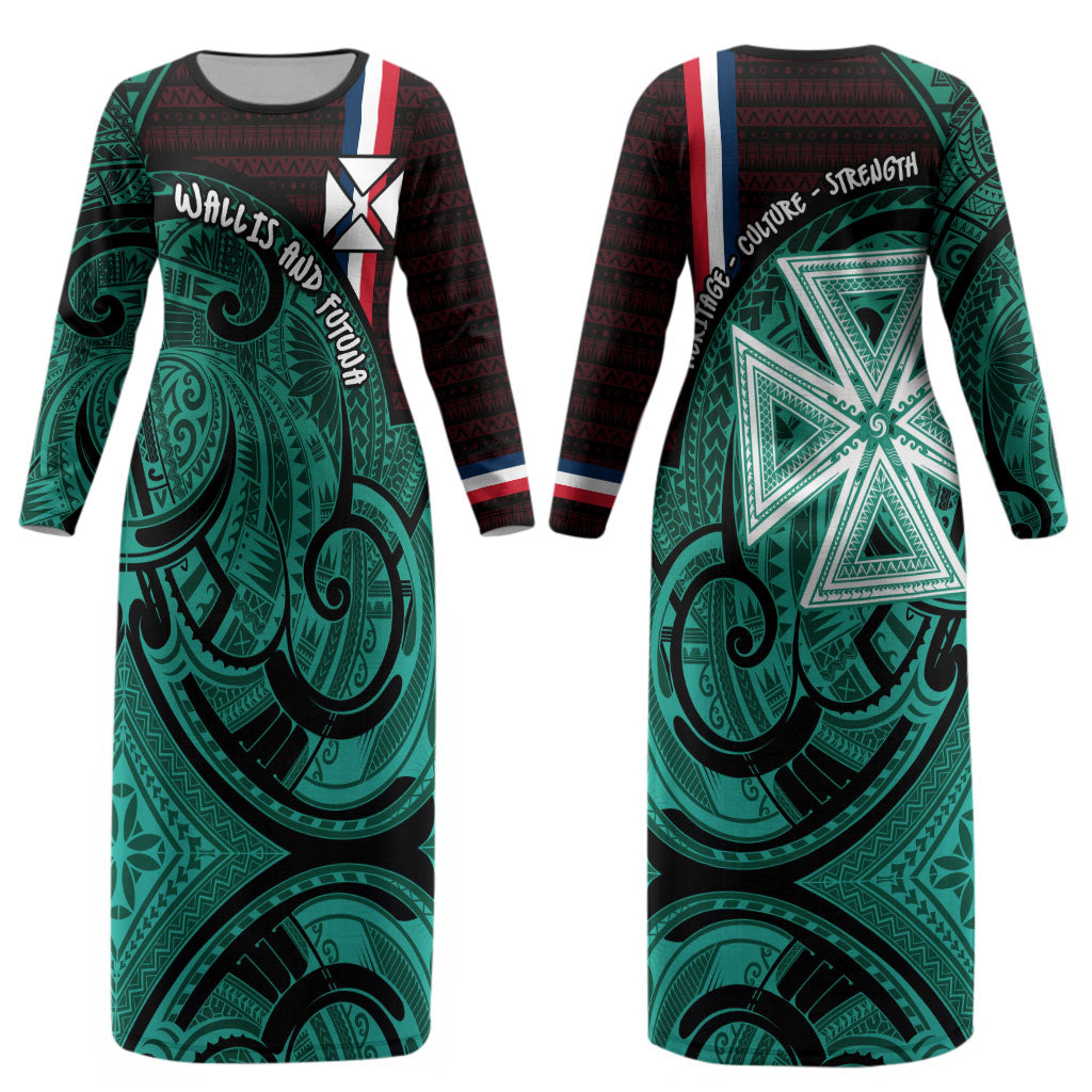 Wallis And Futuna Couples Matching Long Sleeve Bodycon Dress and Long Sleeve Button Shirt Tribal Polynesian Tattoo Heritage Cross Flag