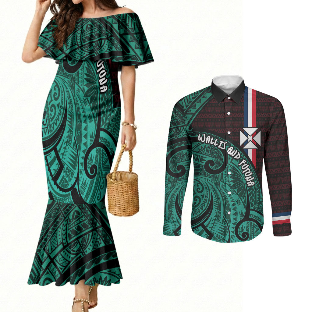 Wallis And Futuna Couples Matching Mermaid Dress and Long Sleeve Button Shirt Tribal Polynesian Tattoo Heritage Cross Flag TS04 Green Black - Polynesian Pride
