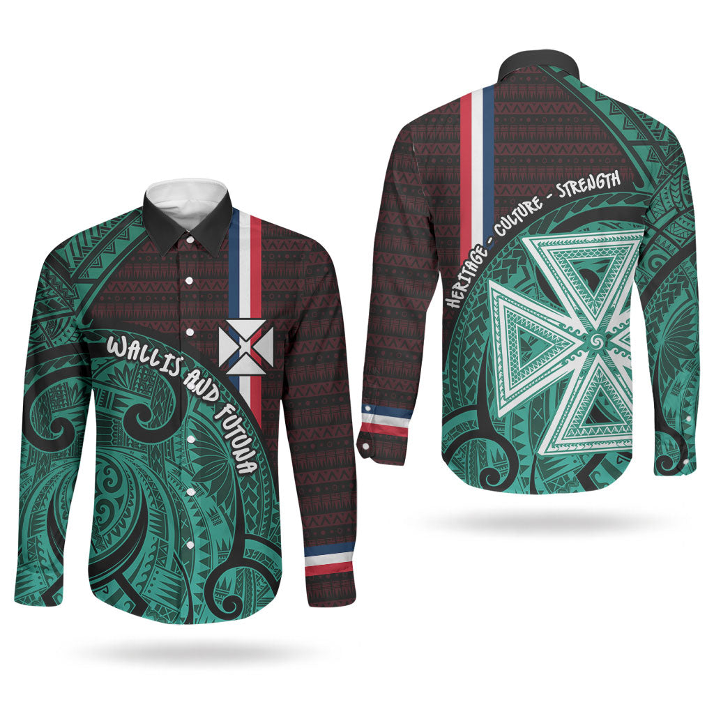 Wallis And Futuna Couples Matching Off Shoulder Short Dress and Long Sleeve Button Shirt Tribal Polynesian Tattoo Heritage Cross Flag