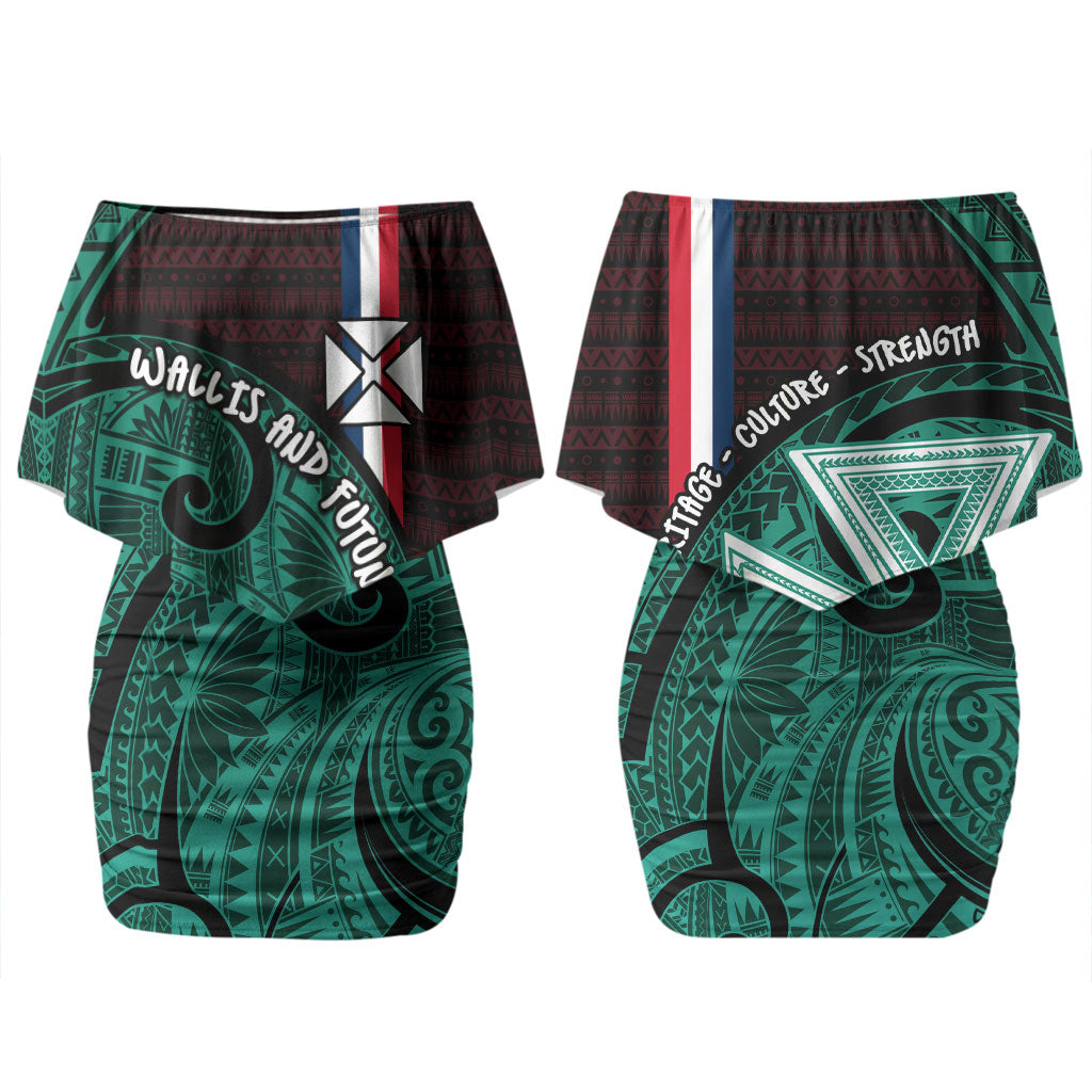 Wallis And Futuna Couples Matching Off Shoulder Short Dress and Long Sleeve Button Shirt Tribal Polynesian Tattoo Heritage Cross Flag