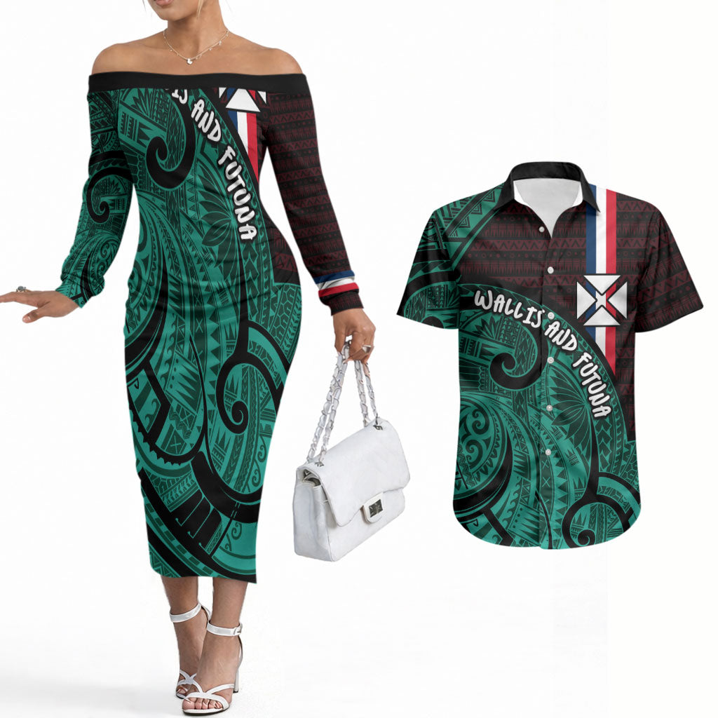 Wallis And Futuna Couples Matching Off The Shoulder Long Sleeve Dress and Hawaiian Shirt Tribal Polynesian Tattoo Heritage Cross Flag
