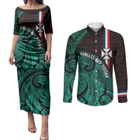 Wallis And Futuna Couples Matching Puletasi and Long Sleeve Button Shirt Tribal Polynesian Tattoo Heritage Cross Flag