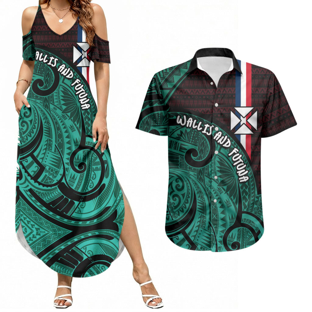 Wallis And Futuna Couples Matching Summer Maxi Dress and Hawaiian Shirt Tribal Polynesian Tattoo Heritage Cross Flag