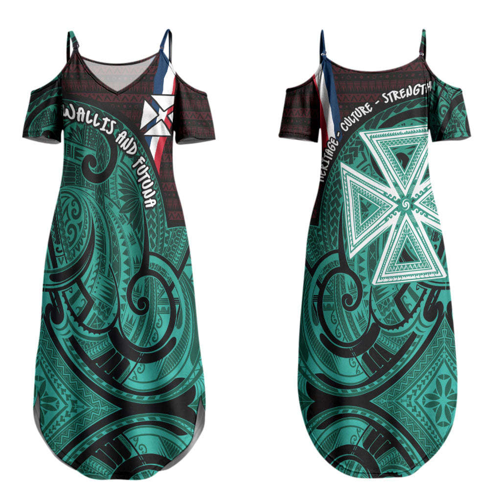 Wallis And Futuna Couples Matching Summer Maxi Dress and Long Sleeve Button Shirt Tribal Polynesian Tattoo Heritage Cross Flag