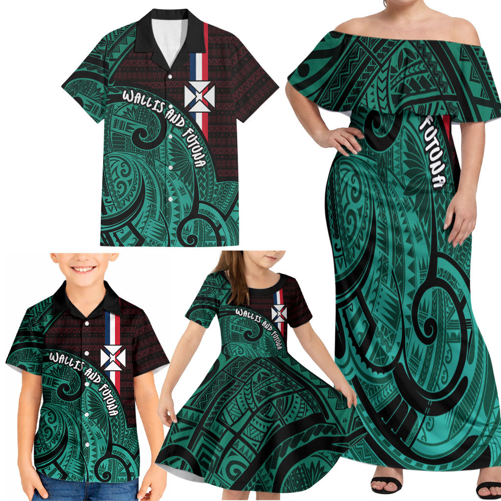Wallis And Futuna Family Matching Off Shoulder Maxi Dress and Hawaiian Shirt Tribal Polynesian Tattoo Heritage Cross Flag