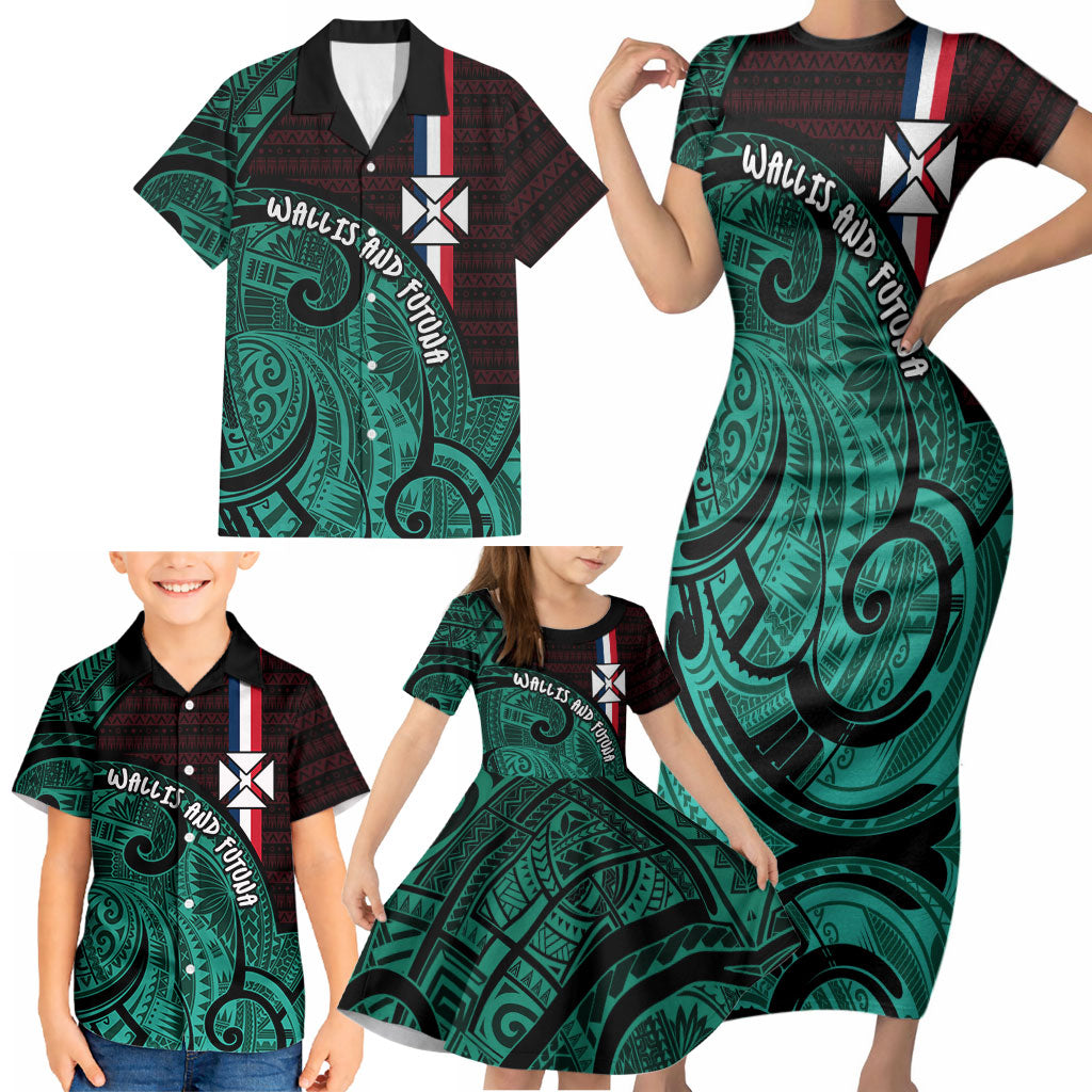 Wallis And Futuna Family Matching Short Sleeve Bodycon Dress and Hawaiian Shirt Tribal Polynesian Tattoo Heritage Cross Flag