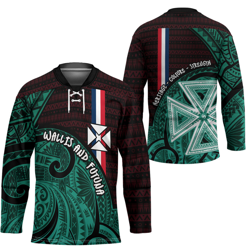 Wallis And Futuna Hockey Jersey Tribal Polynesian Tattoo Heritage Cross Flag