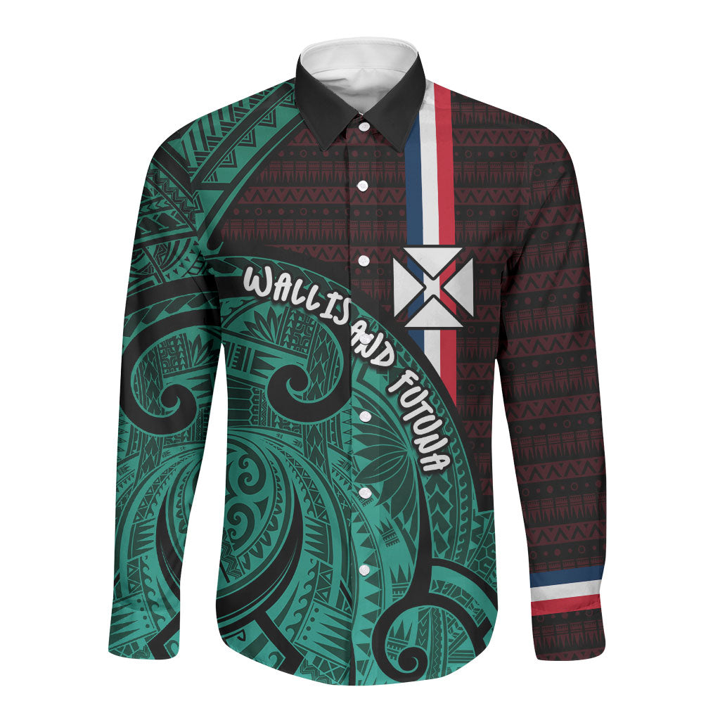 Wallis And Futuna Long Sleeve Button Shirt Tribal Polynesian Tattoo Heritage Cross Flag