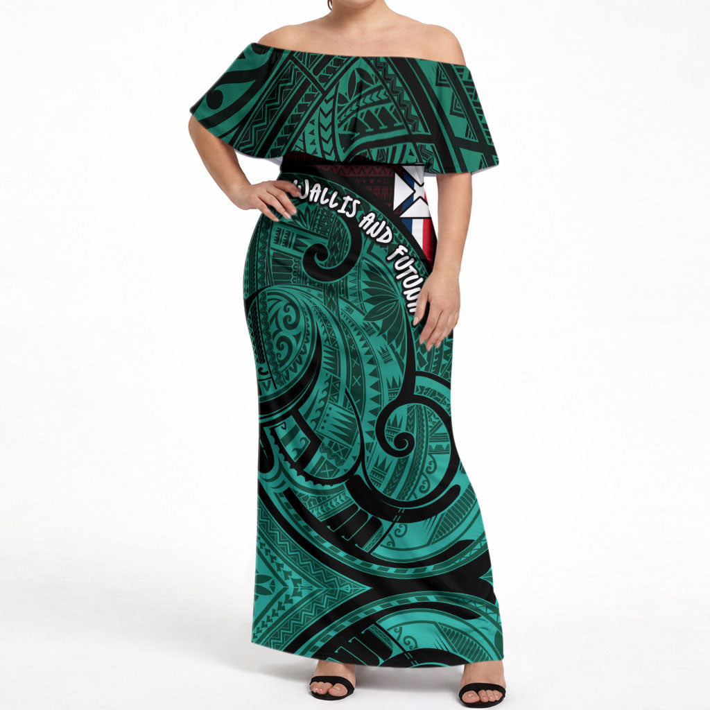 Wallis And Futuna Off Shoulder Maxi Dress Tribal Polynesian Tattoo Heritage Cross Flag