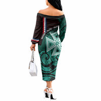 Wallis And Futuna Off The Shoulder Long Sleeve Dress Tribal Polynesian Tattoo Heritage Cross Flag