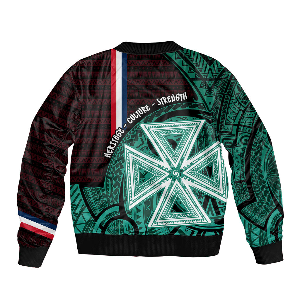 Wallis And Futuna Sleeve Zip Bomber Jacket Tribal Polynesian Tattoo Heritage Cross Flag