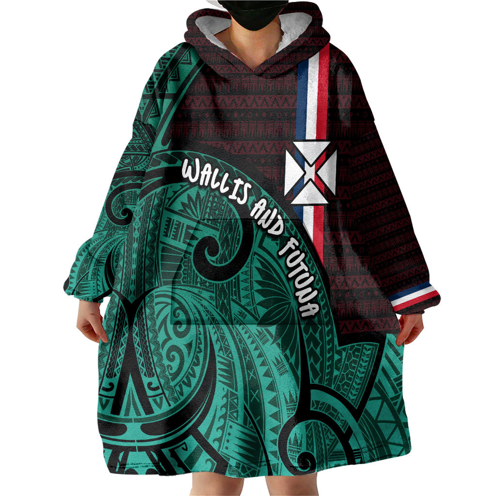 Wallis And Futuna Wearable Blanket Hoodie Tribal Polynesian Tattoo Heritage Cross Flag