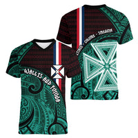 Wallis And Futuna Women V-Neck T-Shirt Tribal Polynesian Tattoo Heritage Cross Flag