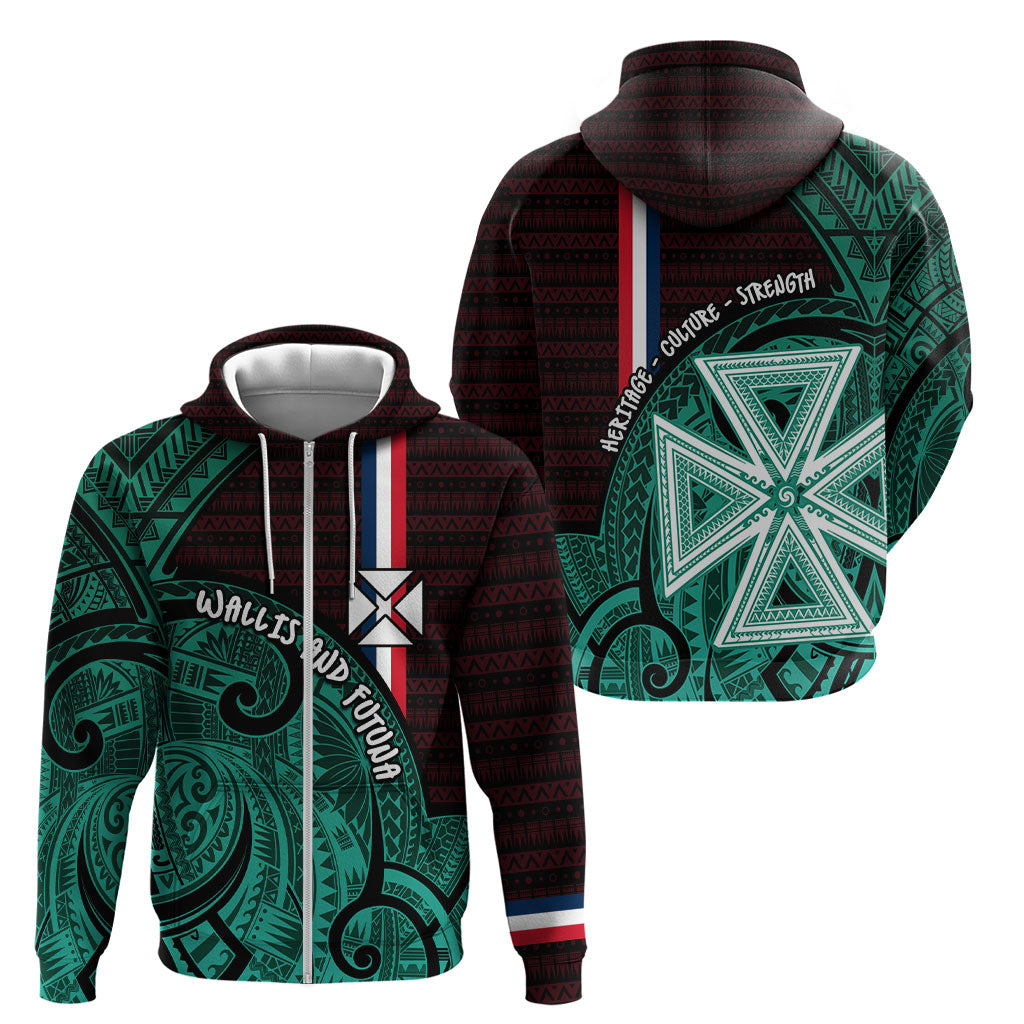 Wallis And Futuna Zip Hoodie Tribal Polynesian Tattoo Heritage Cross Flag