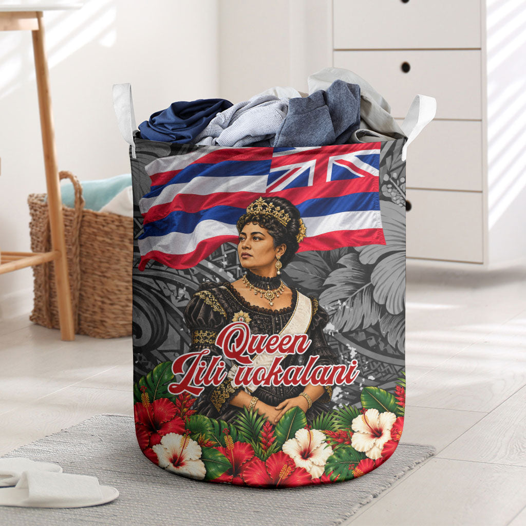 Queen Liliuokalani Hawaiian Flag Laundry Basket Polynesian Tribal Pattern And Tropical Hibiscus TS04 Grey Red - Polynesian Pride