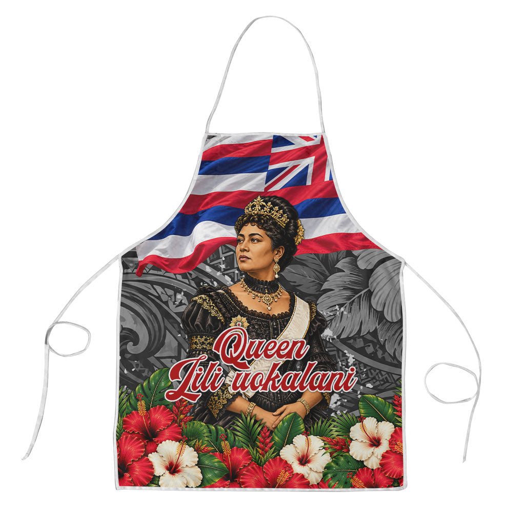 Queen Liliuokalani Hawaiian Flag Apron Polynesian Tribal Pattern And Tropical Hibiscus TS04 Grey Red - Polynesian Pride