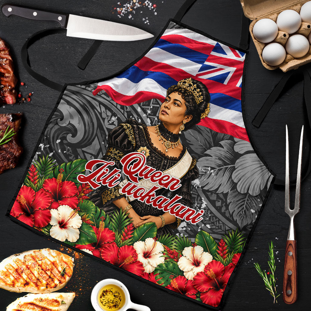 Queen Liliuokalani Hawaiian Flag Apron Polynesian Tribal Pattern And Tropical Hibiscus TS04 Grey Red - Polynesian Pride