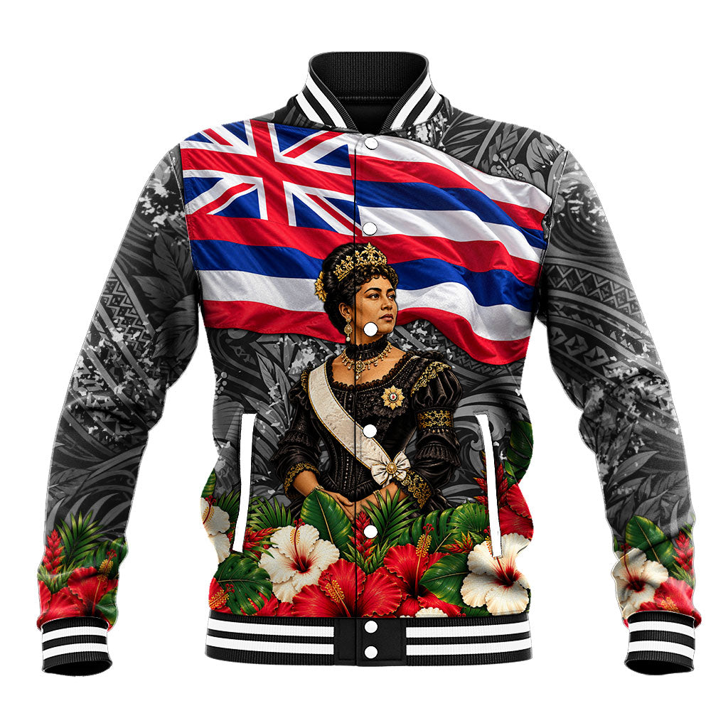 Queen Liliuokalani Hawaiian Flag Baseball Jacket Polynesian Tribal Pattern And Tropical Hibiscus TS04 Unisex Grey Red - Polynesian Pride