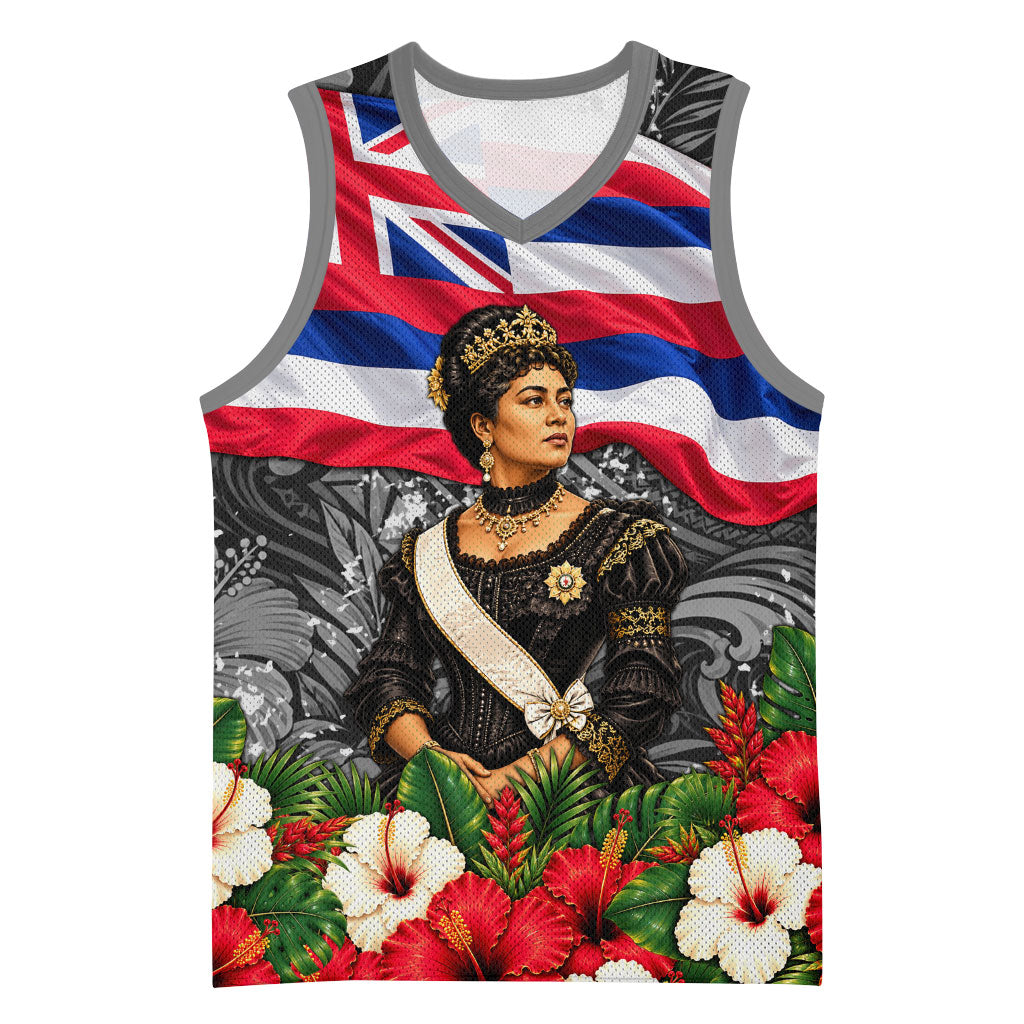 Queen Liliuokalani Hawaiian Flag Basketball Jersey Polynesian Tribal Pattern And Tropical Hibiscus TS04 Unisex Grey Red - Polynesian Pride