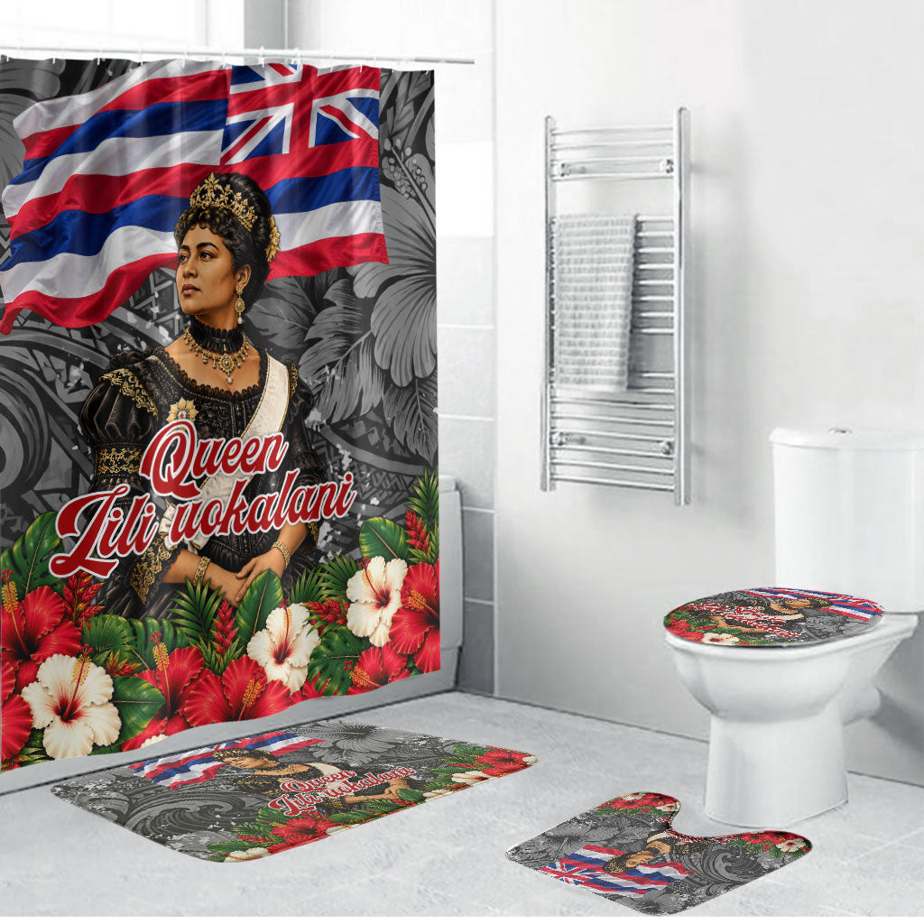 Queen Liliuokalani Hawaiian Flag Bathroom Set Polynesian Tribal Pattern And Tropical Hibiscus TS04 Bathroom Set (4 pcs) Grey Red - Polynesian Pride