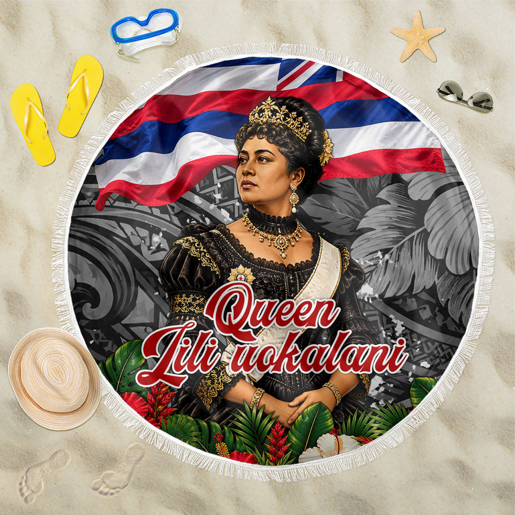 Queen Liliuokalani Hawaiian Flag Beach Blanket Polynesian Tribal Pattern And Tropical Hibiscus TS04 One Size 150cm Grey Red - Polynesian Pride