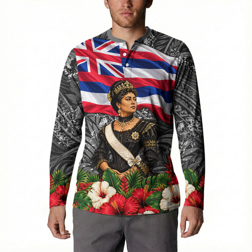 Queen Liliuokalani Hawaiian Flag Button Sweatshirt Polynesian Tribal Pattern And Tropical Hibiscus TS04 - Polynesian Pride
