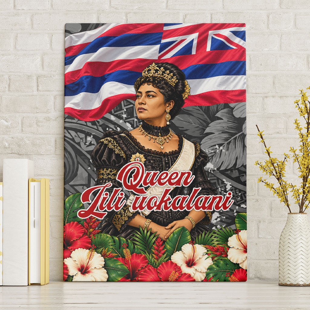 Queen Liliuokalani Hawaiian Flag Canvas Wall Art Polynesian Tribal Pattern And Tropical Hibiscus TS04 Without Frame Grey Red - Polynesian Pride