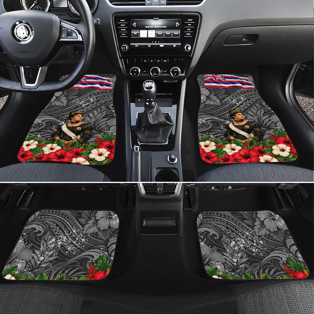 Queen Liliuokalani Hawaiian Flag Car Mats Polynesian Tribal Pattern And Tropical Hibiscus TS04 Set 4pcs Grey Red - Polynesian Pride