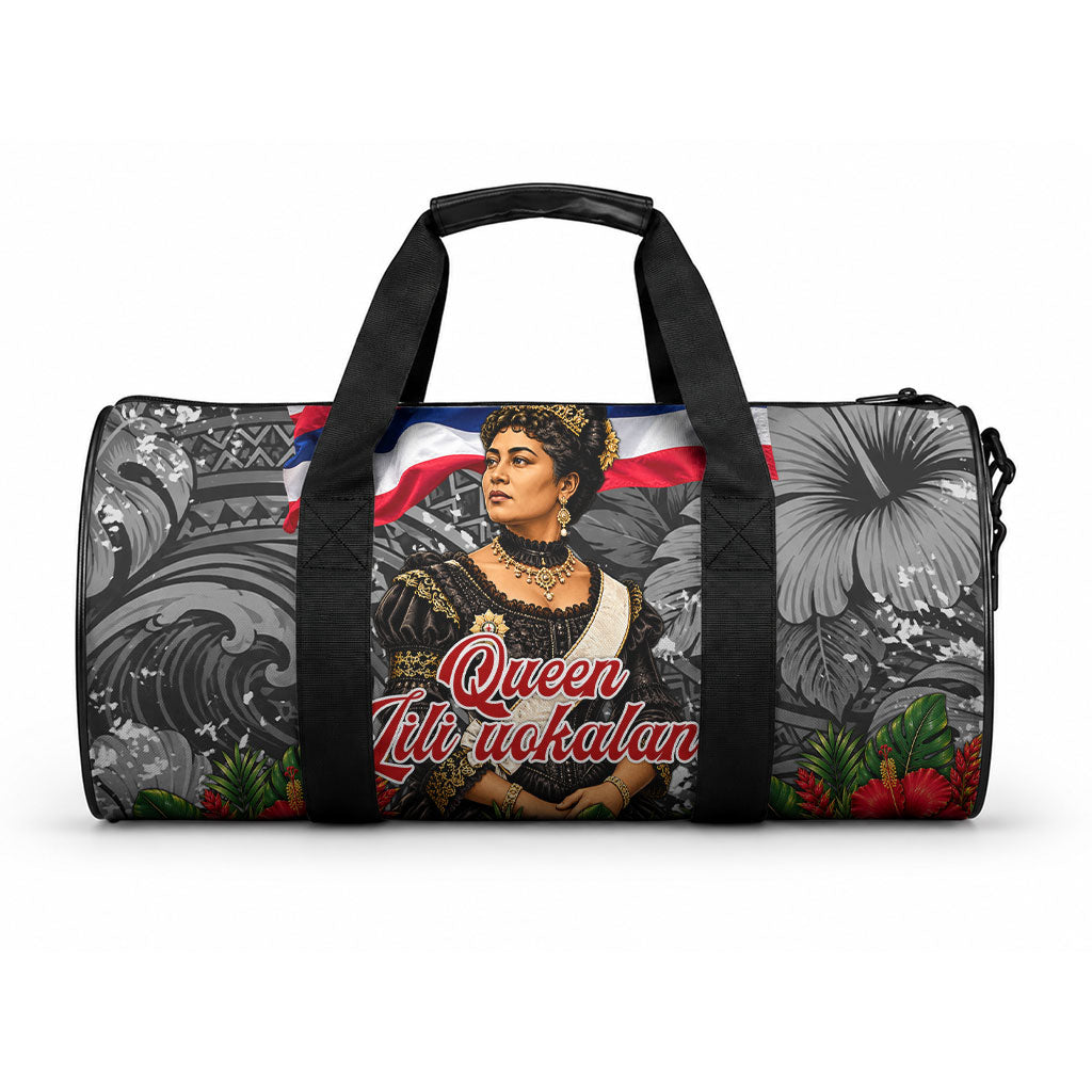 Queen Liliuokalani Hawaiian Flag Duffle Bag Polynesian Tribal Pattern And Tropical Hibiscus TS04 One size Grey Red - Polynesian Pride