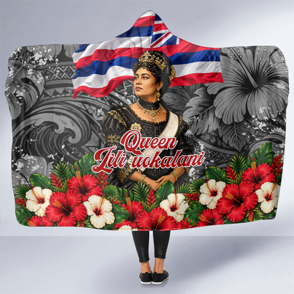 Queen Liliuokalani Hawaiian Flag Hooded Blanket Polynesian Tribal Pattern And Tropical Hibiscus TS04 One Size Grey Red - Polynesian Pride