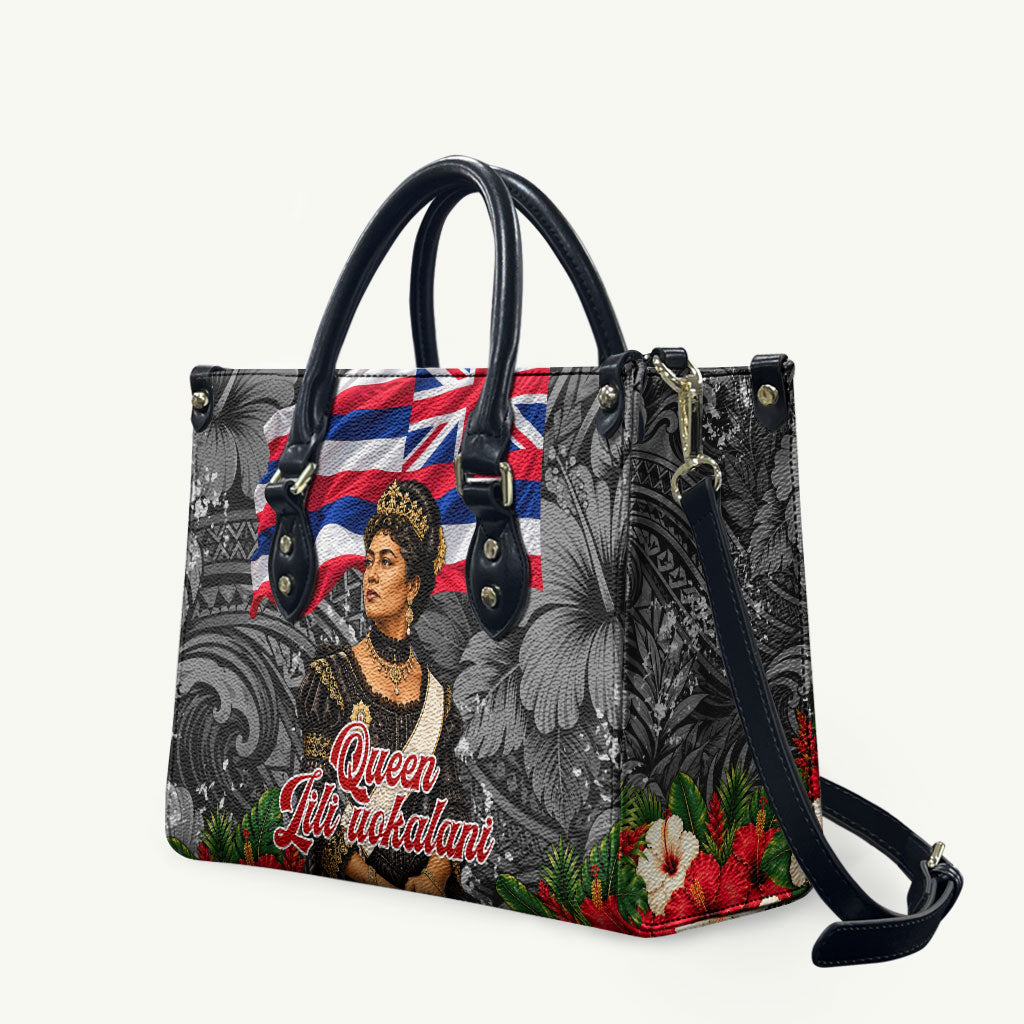 Queen Liliuokalani Hawaiian Flag Leather Bag Polynesian Tribal Pattern And Tropical Hibiscus TS04 Grey Red - Polynesian Pride