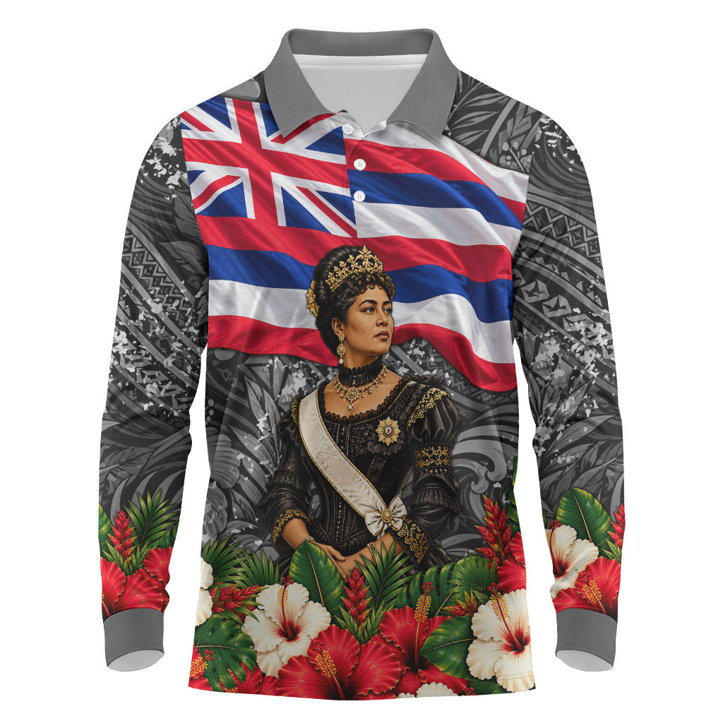 Queen Liliuokalani Hawaiian Flag Long Sleeve Polo Shirt Polynesian Tribal Pattern And Tropical Hibiscus TS04 Grey Red - Polynesian Pride