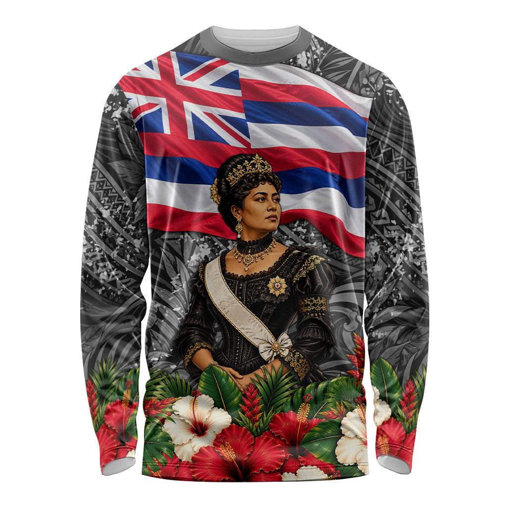 Queen Liliuokalani Hawaiian Flag Long Sleeve Shirt Polynesian Tribal Pattern And Tropical Hibiscus TS04 Unisex Grey Red - Polynesian Pride