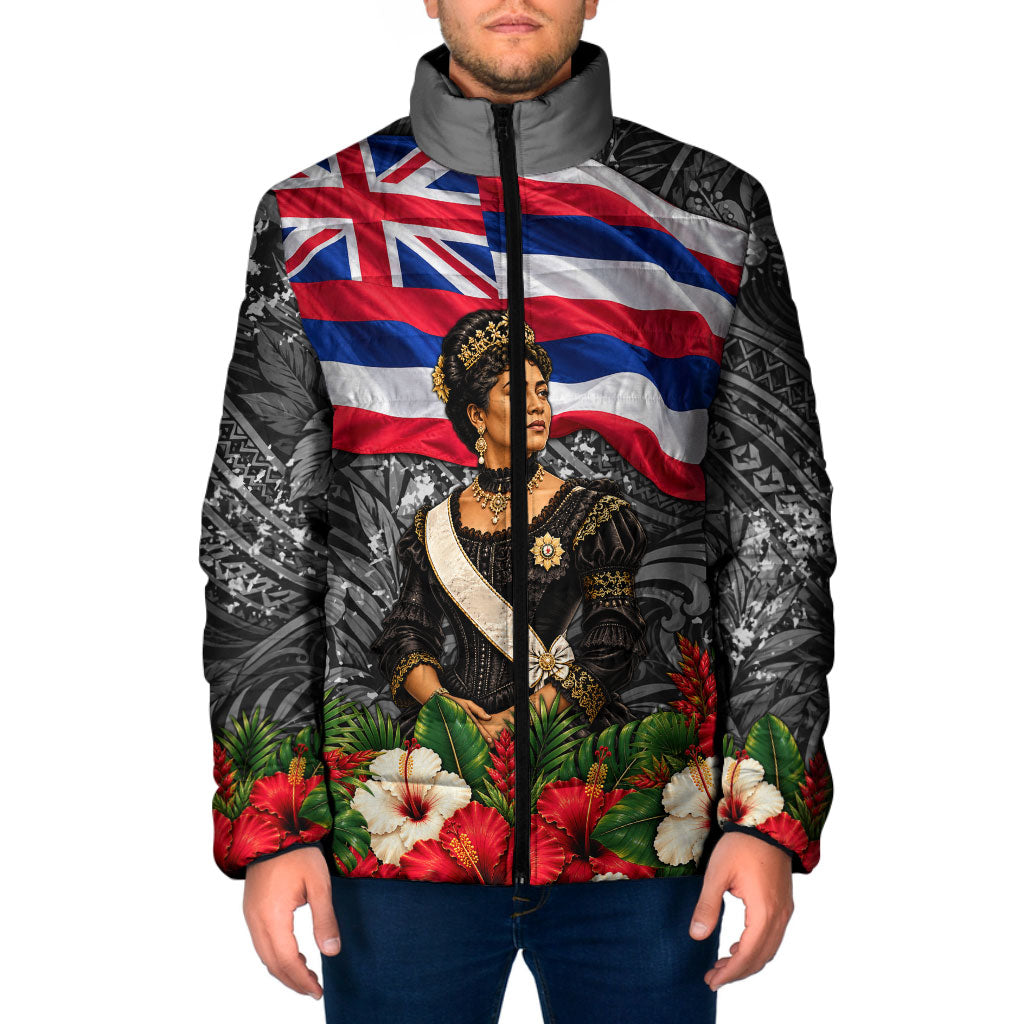 Queen Liliuokalani Hawaiian Flag Padded Jacket Polynesian Tribal Pattern And Tropical Hibiscus TS04 Men Grey Red - Polynesian Pride