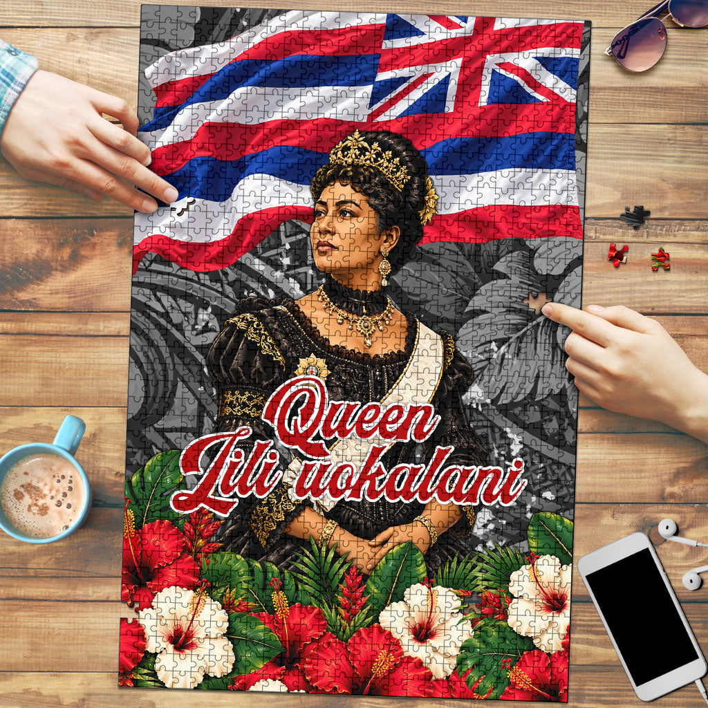 Queen Liliuokalani Hawaiian Flag Puzzle Polynesian Tribal Pattern And Tropical Hibiscus TS04 Grey Red - Polynesian Pride