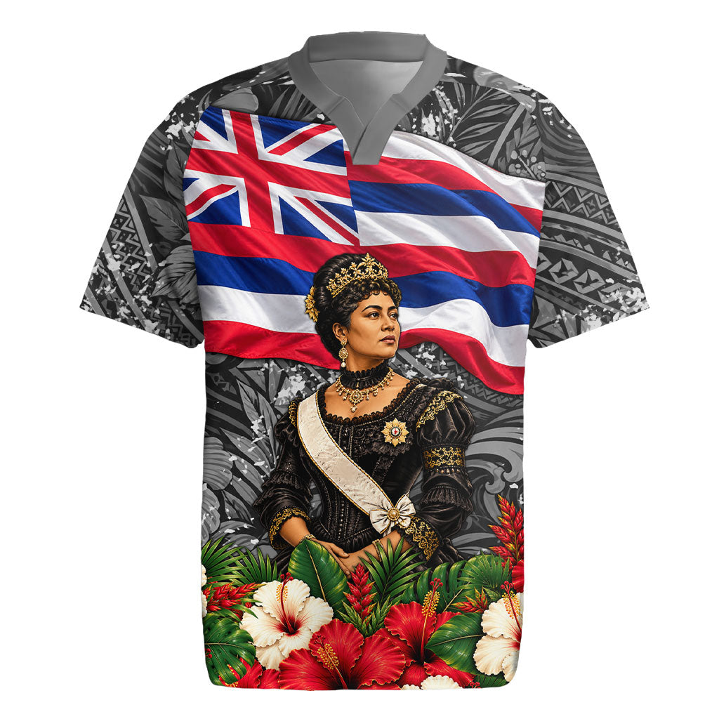Queen Liliuokalani Hawaiian Flag Rugby Jersey Polynesian Tribal Pattern And Tropical Hibiscus TS04 Grey Red - Polynesian Pride