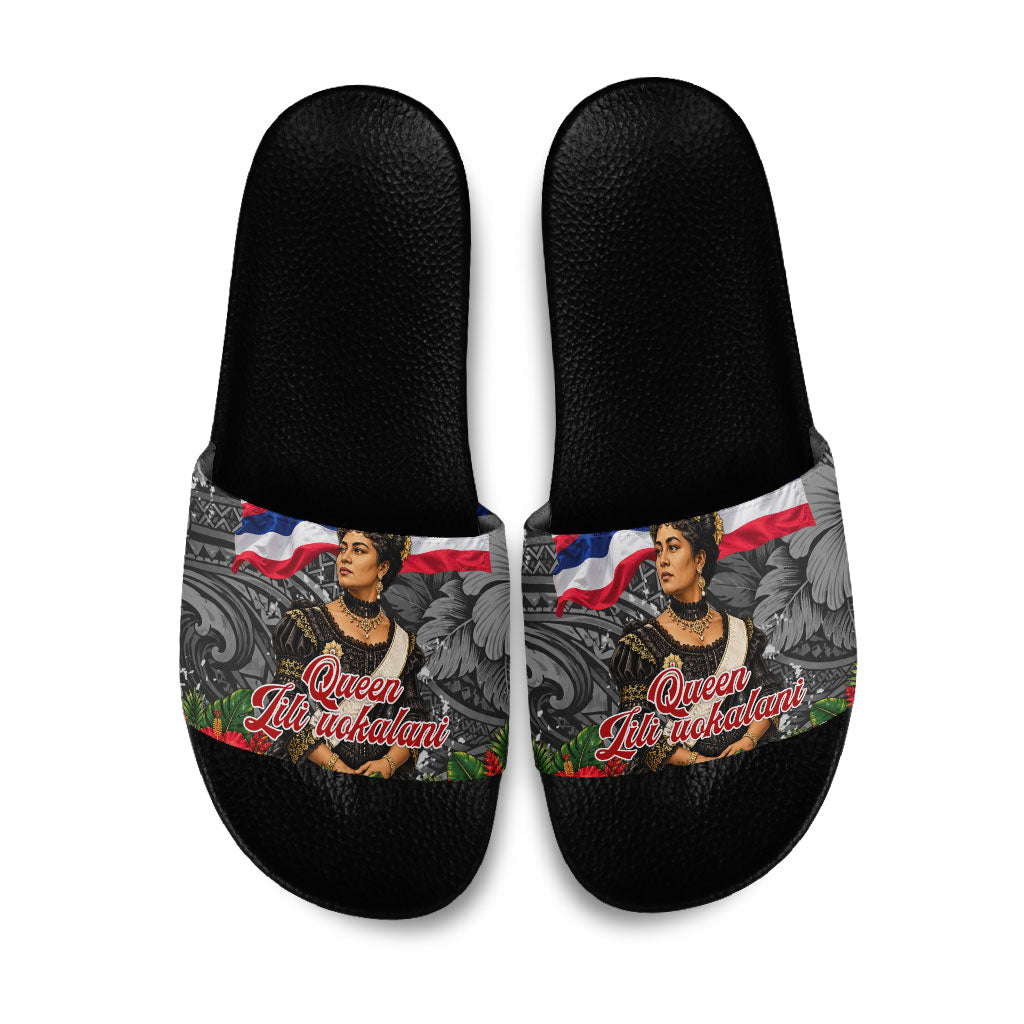Queen Liliuokalani Hawaiian Flag Slide Sandals Polynesian Tribal Pattern And Tropical Hibiscus TS04 Grey Red - Polynesian Pride