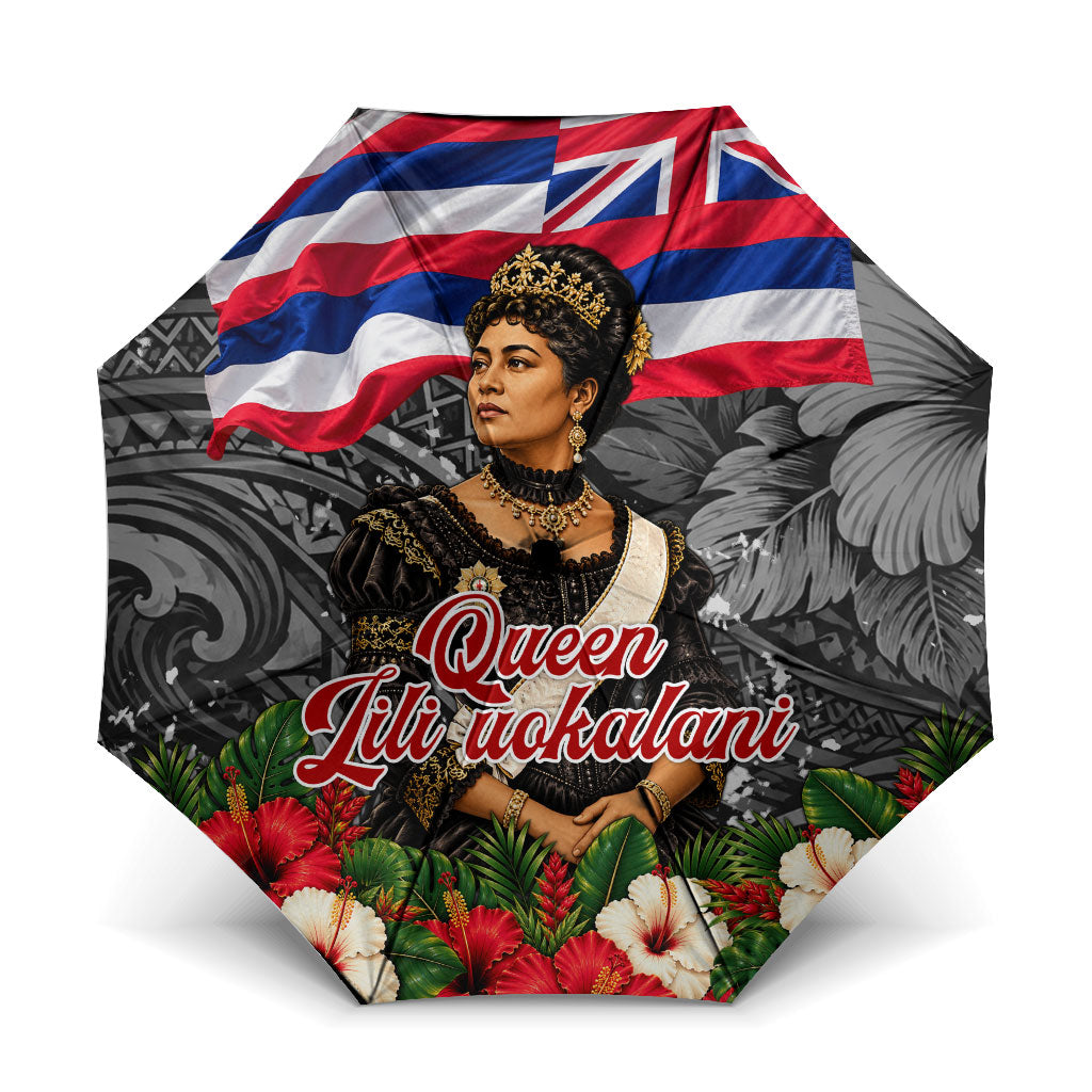 Queen Liliuokalani Hawaiian Flag Umbrella Polynesian Tribal Pattern And Tropical Hibiscus TS04 One Size Folded 11.42 inch Opened Diameter 37.4 inch Grey Red - Polynesian Pride
