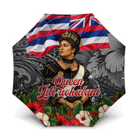 Queen Liliuokalani Hawaiian Flag Umbrella Polynesian Tribal Pattern And Tropical Hibiscus TS04 One Size Folded 11.42 inch Opened Diameter 37.4 inch Grey Red - Polynesian Pride